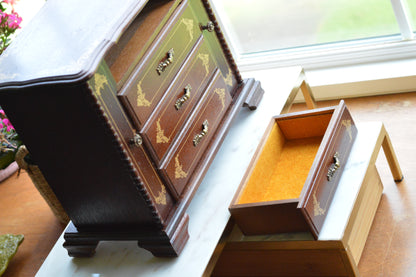 Vintage Hi-Mark Japan Wooden Jewelry Armoire – 10" Tall MCM 4-Drawer Chest with Gold Scrollwork & Dual Side Wings