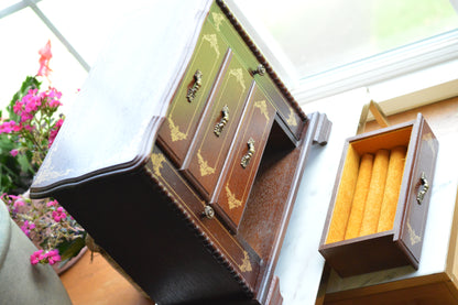 Vintage Hi-Mark Japan Wooden Jewelry Armoire – 10" Tall MCM 4-Drawer Chest with Gold Scrollwork & Dual Side Wings
