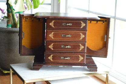Vintage Hi-Mark Japan Wooden Jewelry Armoire – 10" Tall MCM 4-Drawer Chest with Gold Scrollwork & Dual Side Wings