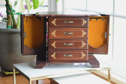 Vintage Hi-Mark Japan Wooden Jewelry Armoire – 10" Tall MCM 4-Drawer Chest with Gold Scrollwork & Dual Side Wings