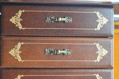 Vintage Hi-Mark Japan Wooden Jewelry Armoire – 10" Tall MCM 4-Drawer Chest with Gold Scrollwork & Dual Side Wings