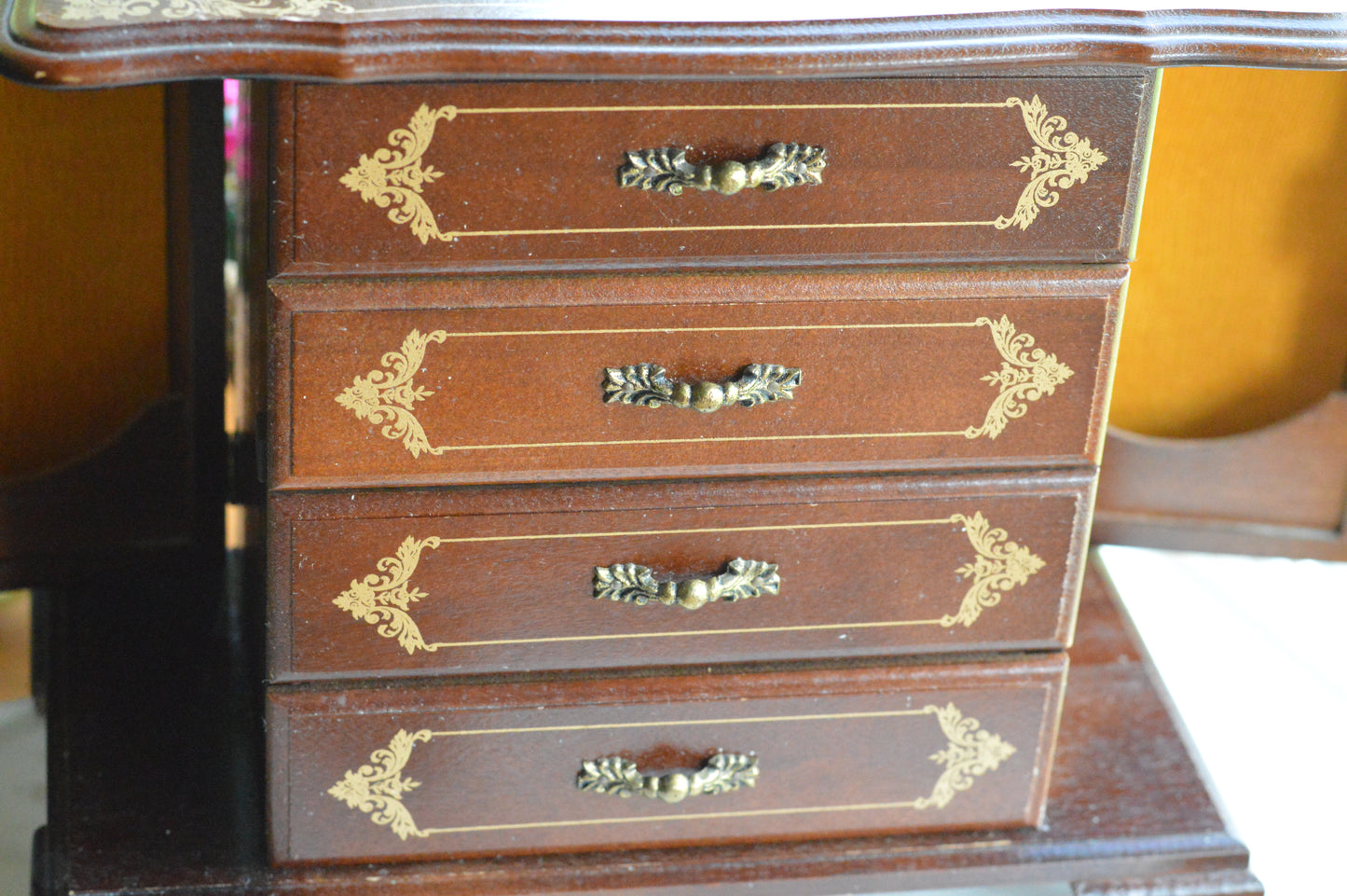 Vintage Hi-Mark Japan Wooden Jewelry Armoire – 10" Tall MCM 4-Drawer Chest with Gold Scrollwork & Dual Side Wings