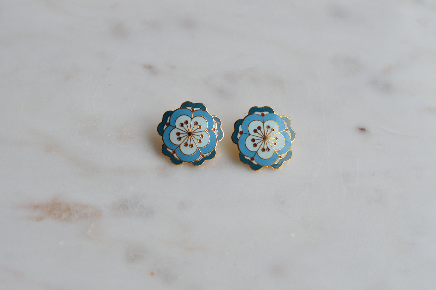 Vintage MMA 24kt Gold Plated Enamel Flower Earrings – Rare Chinese 19th Century Textile Reproduction with Original Box & Story Card