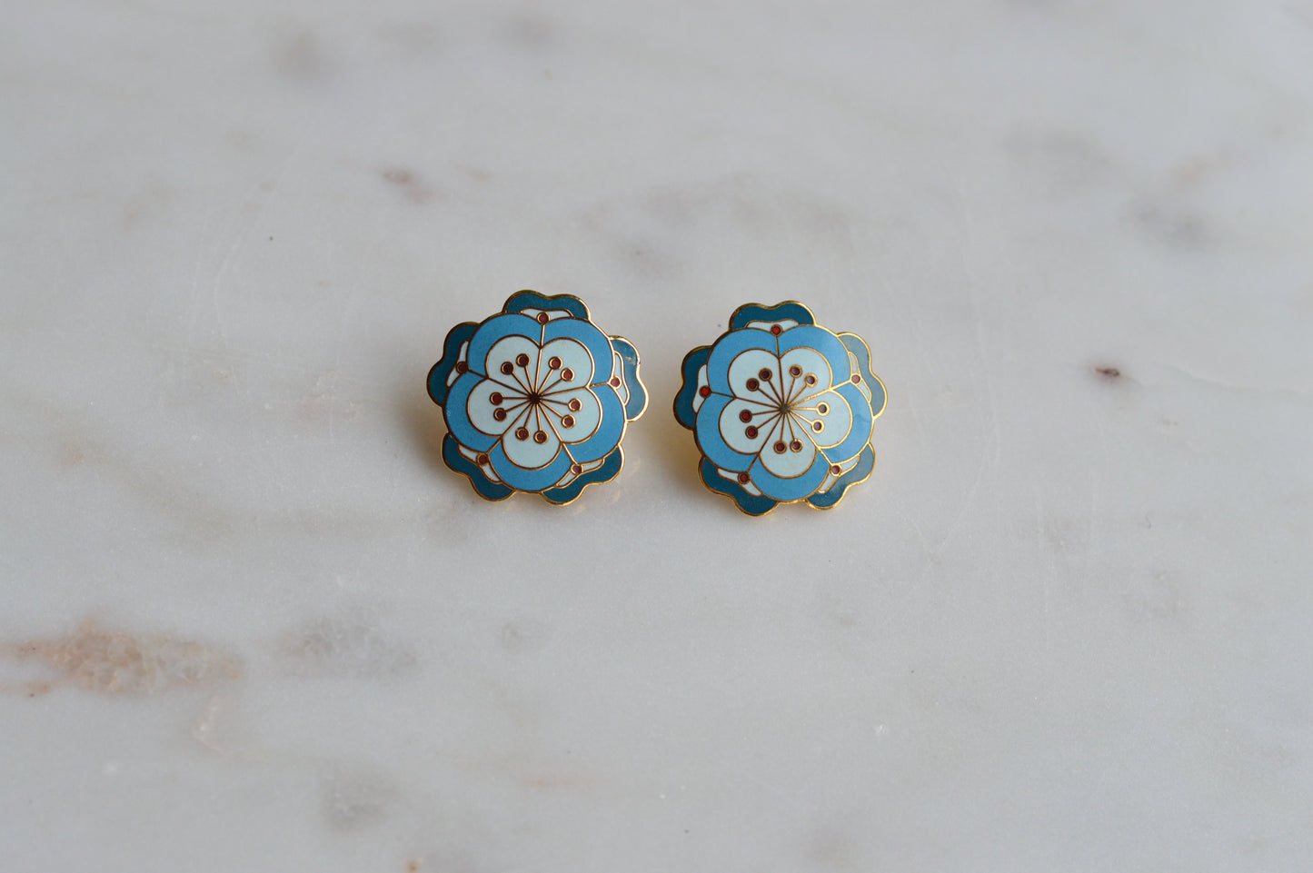 Vintage MMA 24kt Gold Plated Enamel Flower Earrings – Rare Chinese 19th Century Textile Reproduction with Original Box & Story Card