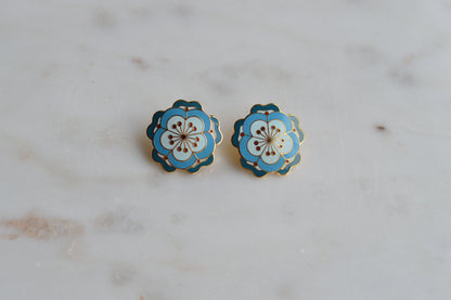 Vintage MMA 24kt Gold Plated Enamel Flower Earrings – Rare Chinese 19th Century Textile Reproduction with Original Box & Story Card