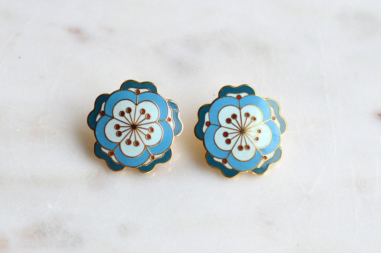 Vintage MMA 24kt Gold Plated Enamel Flower Earrings – Rare Chinese 19th Century Textile Reproduction with Original Box & Story Card