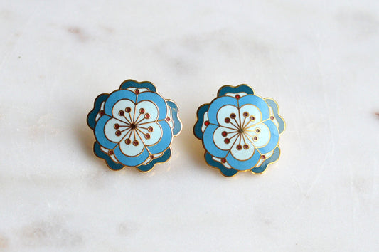 Vintage MMA 24kt Gold Plated Enamel Flower Earrings – Rare Chinese 19th Century Textile Reproduction with Original Box & Story Card