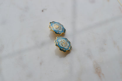 Vintage MMA 24kt Gold Plated Enamel Flower Earrings – Rare Chinese 19th Century Textile Reproduction with Original Box & Story Card