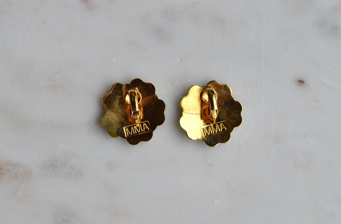 Vintage MMA 24kt Gold Plated Enamel Flower Earrings – Rare Chinese 19th Century Textile Reproduction with Original Box & Story Card