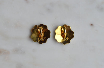 Vintage MMA 24kt Gold Plated Enamel Flower Earrings – Rare Chinese 19th Century Textile Reproduction with Original Box & Story Card