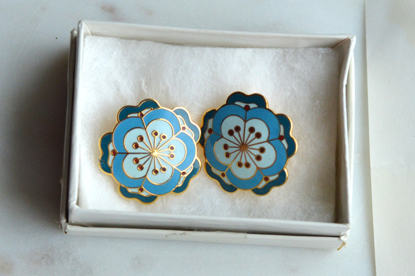 Vintage MMA 24kt Gold Plated Enamel Flower Earrings – Rare Chinese 19th Century Textile Reproduction with Original Box & Story Card