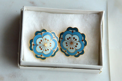 Vintage MMA 24kt Gold Plated Enamel Flower Earrings – Rare Chinese 19th Century Textile Reproduction with Original Box & Story Card