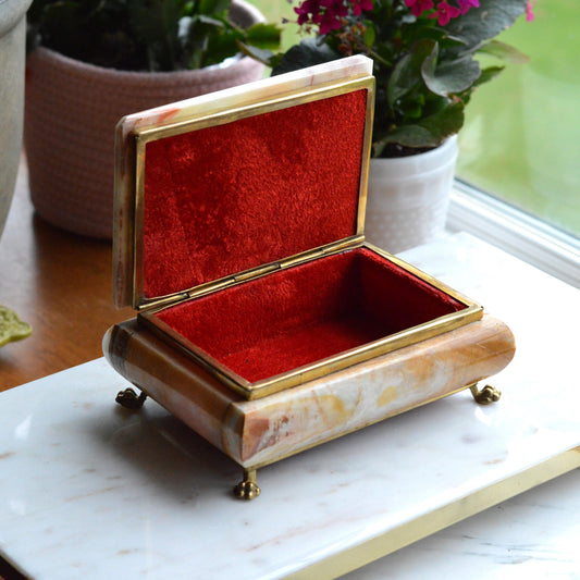 Vintage Large Italian Onyx Jewelry Box | 7" Multi-Color Carved Stone Casket | Brass Lion Paw Feet | Red Velvet Lined