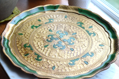 Large 15" Vintage Italian Florentine Round Tray | Green & Gold Gilt Gilded Wood | Ornate Scalloped Hand-Painted Serving Platter | Made in Italy