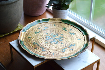 Large 15" Vintage Italian Florentine Round Tray | Green & Gold Gilt Gilded Wood | Ornate Scalloped Hand-Painted Serving Platter | Made in Italy