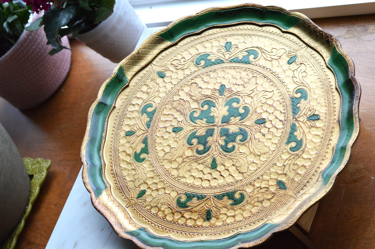 Large 15" Vintage Italian Florentine Round Tray | Green & Gold Gilt Gilded Wood | Ornate Scalloped Hand-Painted Serving Platter | Made in Italy