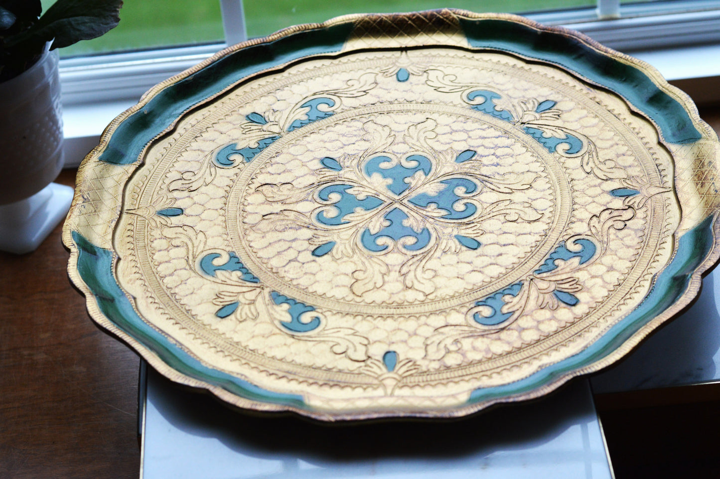 Large 15" Vintage Italian Florentine Round Tray | Green & Gold Gilt Gilded Wood | Ornate Scalloped Hand-Painted Serving Platter | Made in Italy