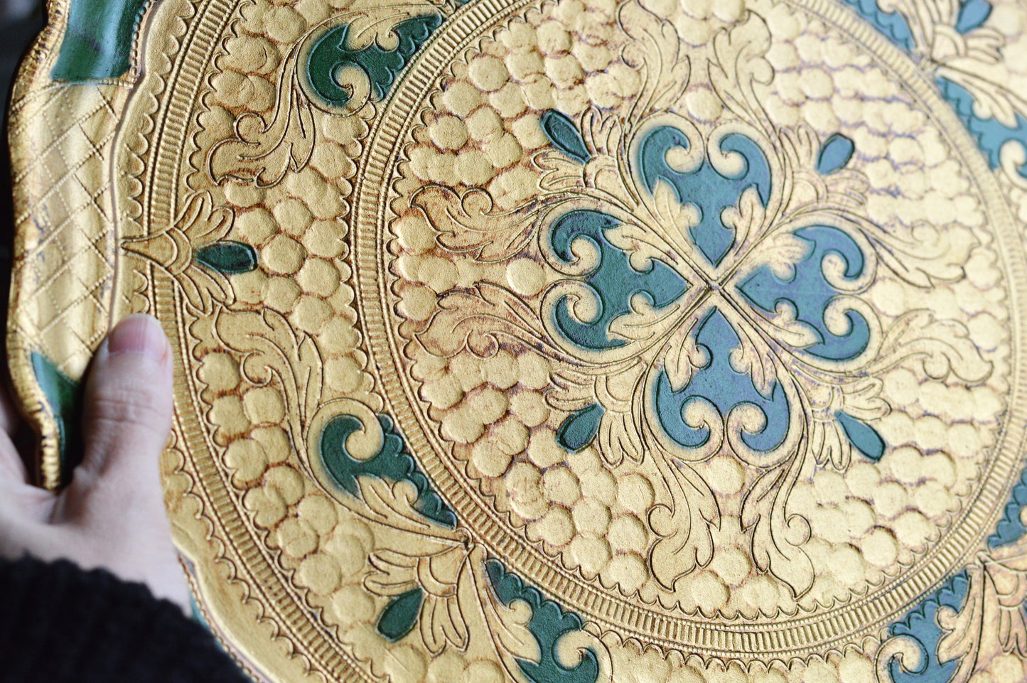 Large 15" Vintage Italian Florentine Round Tray | Green & Gold Gilt Gilded Wood | Ornate Scalloped Hand-Painted Serving Platter | Made in Italy
