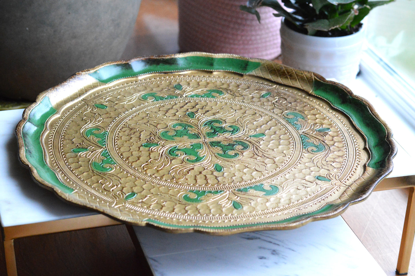 Large 15" Vintage Italian Florentine Round Tray | Green & Gold Gilt Gilded Wood | Ornate Scalloped Hand-Painted Serving Platter | Made in Italy