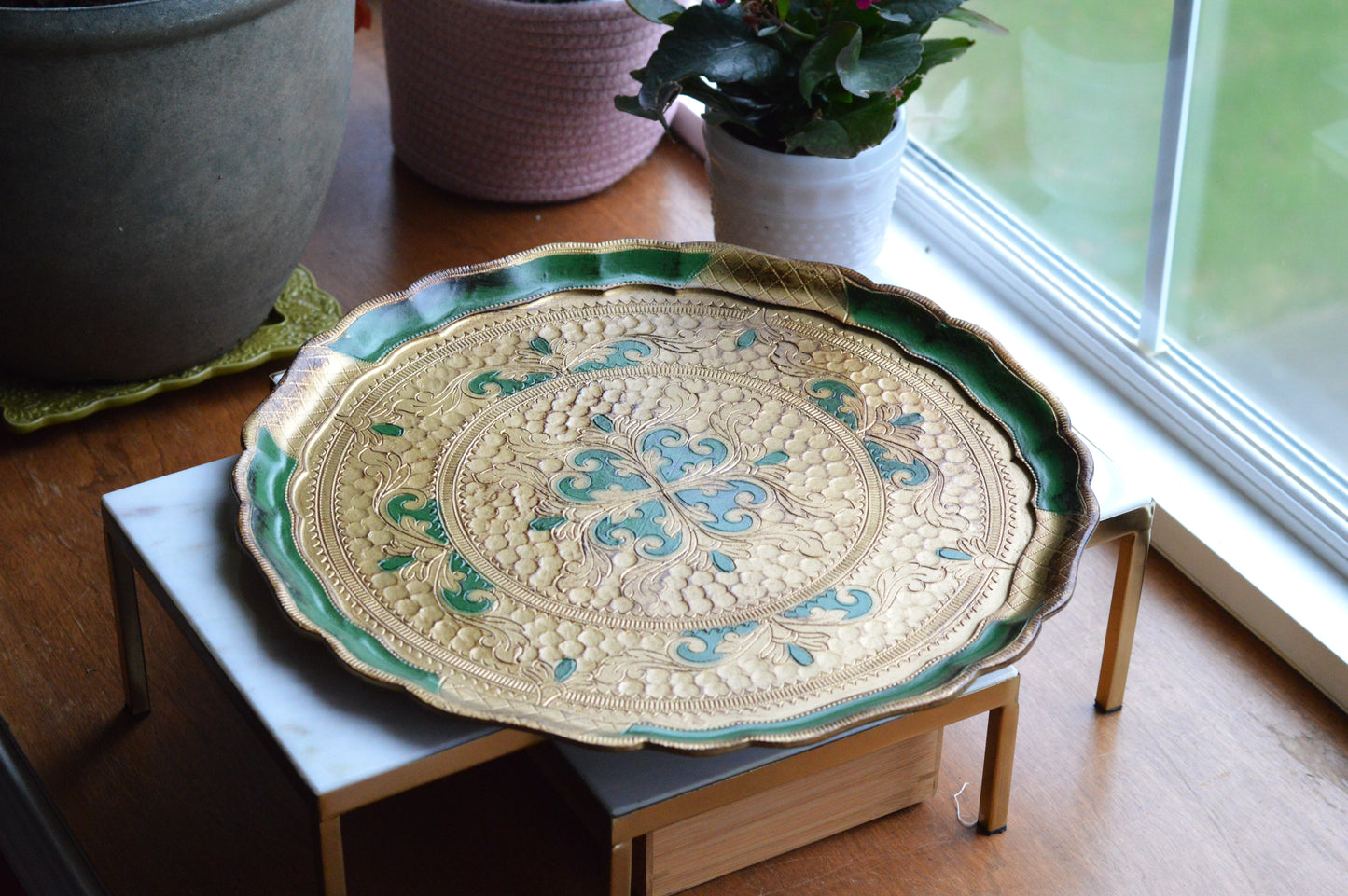 Large 15" Vintage Italian Florentine Round Tray | Green & Gold Gilt Gilded Wood | Ornate Scalloped Hand-Painted Serving Platter | Made in Italy