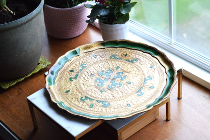 Large 15" Vintage Italian Florentine Round Tray | Green & Gold Gilt Gilded Wood | Ornate Scalloped Hand-Painted Serving Platter | Made in Italy