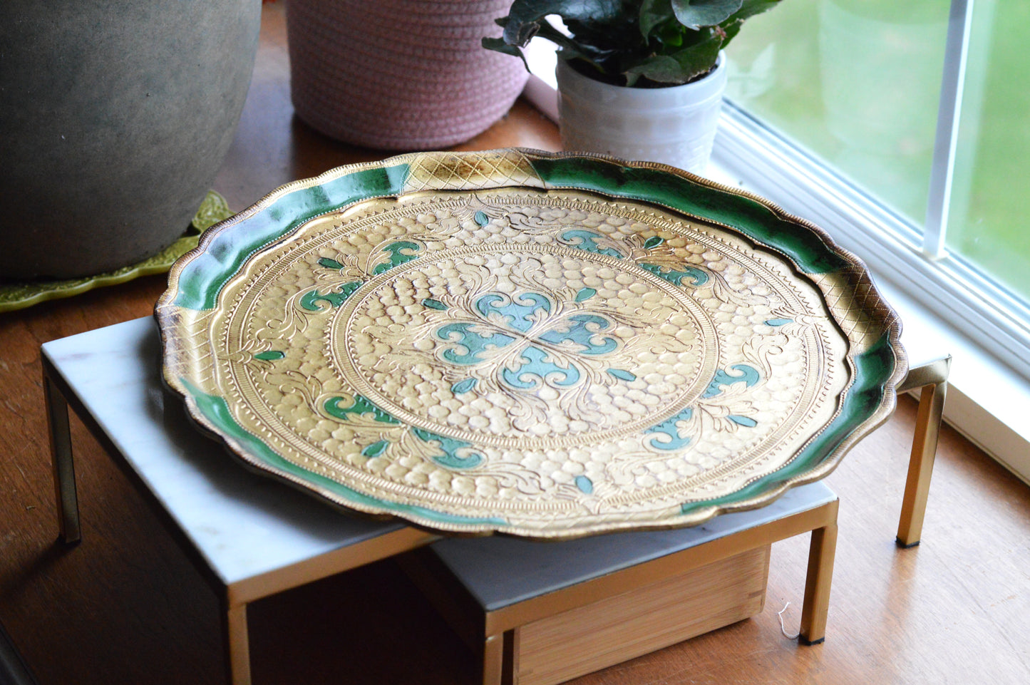 Large 15" Vintage Italian Florentine Round Tray | Green & Gold Gilt Gilded Wood | Ornate Scalloped Hand-Painted Serving Platter | Made in Italy