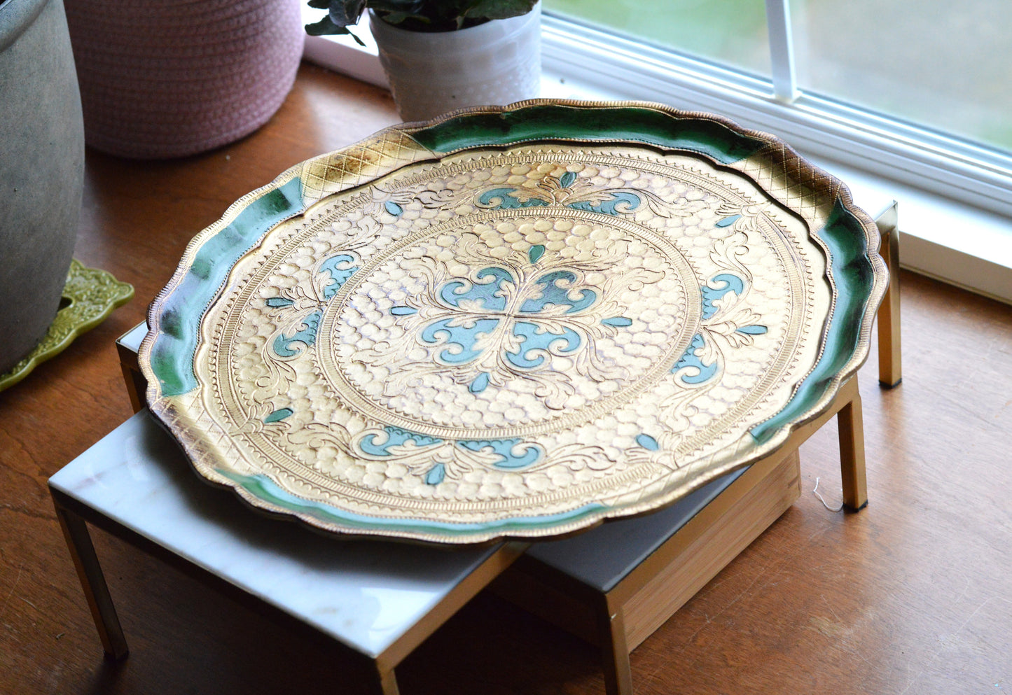 Large 15" Vintage Italian Florentine Round Tray | Green & Gold Gilt Gilded Wood | Ornate Scalloped Hand-Painted Serving Platter | Made in Italy