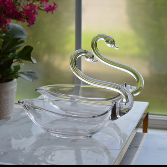 Vintage Duncan & Miller Clear Glass Swan Pair | UV Reactive Manganese Green Glow | MCM Pall Mall Crystal Art Glass Bowls | Signed Line #30 Mid-Century Decor