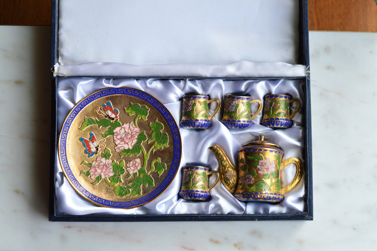 Vintage Cloisonné Miniature Tea Set – Gilt Enamel Peony & Butterfly Design – 6 Piece Set with Original Presentation Box – Asian Art Collectible
