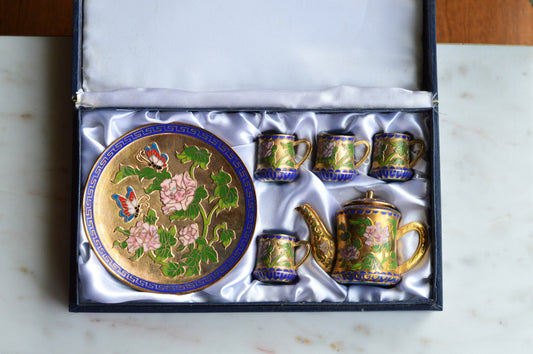 Vintage Cloisonné Miniature Tea Set – Gilt Enamel Peony & Butterfly Design – 6 Piece Set with Original Presentation Box – Asian Art Collectible