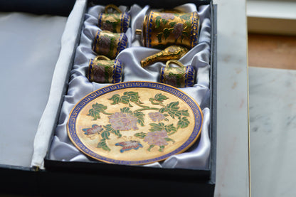 Vintage Cloisonné Miniature Tea Set – Gilt Enamel Peony & Butterfly Design – 6 Piece Set with Original Presentation Box – Asian Art Collectible