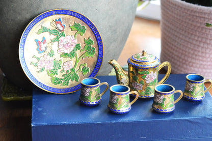 Vintage Cloisonné Miniature Tea Set – Gilt Enamel Peony & Butterfly Design – 6 Piece Set with Original Presentation Box – Asian Art Collectible