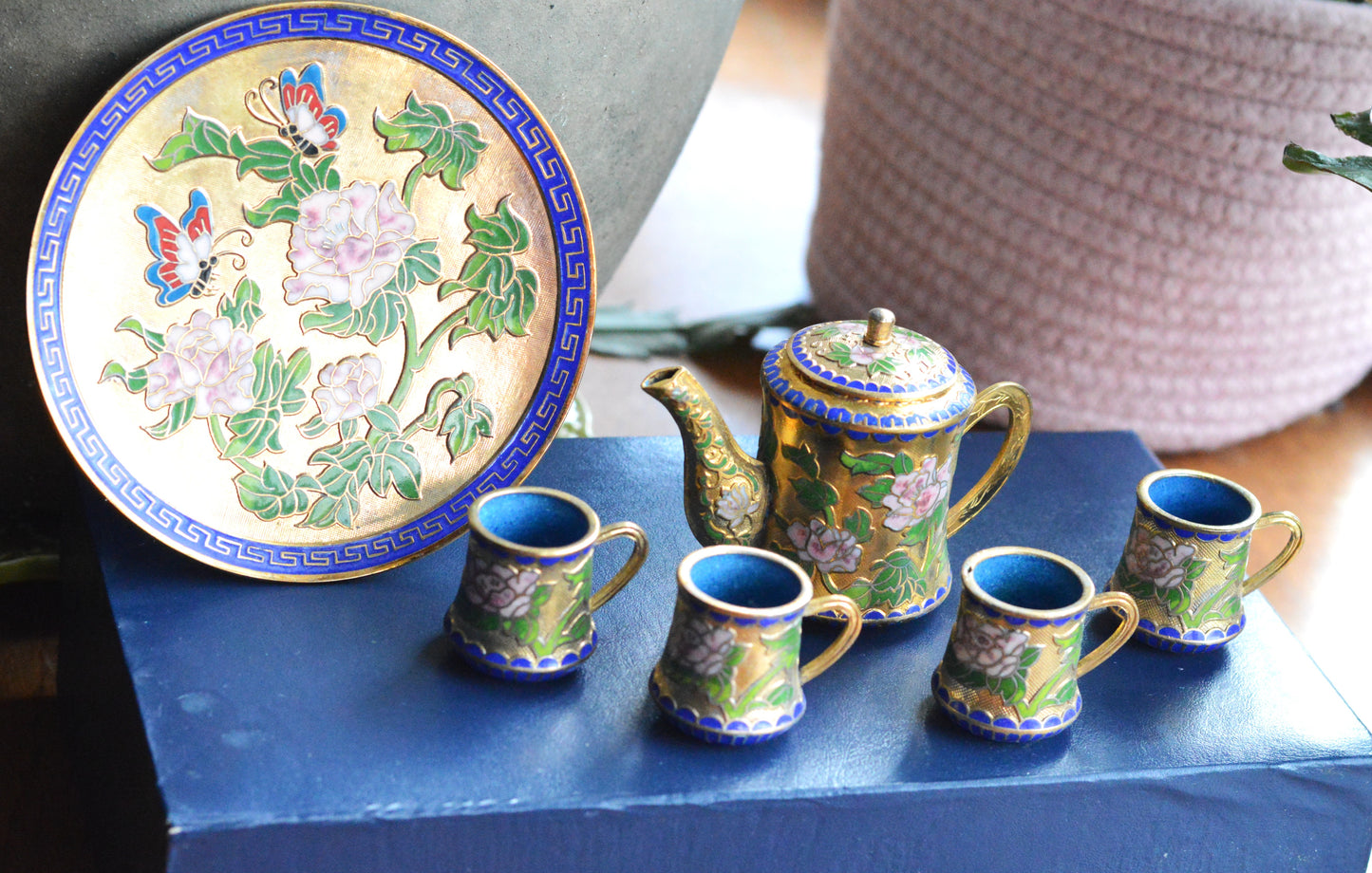 Vintage Cloisonné Miniature Tea Set – Gilt Enamel Peony & Butterfly Design – 6 Piece Set with Original Presentation Box – Asian Art Collectible