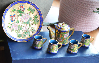 Vintage Cloisonné Miniature Tea Set – Gilt Enamel Peony & Butterfly Design – 6 Piece Set with Original Presentation Box – Asian Art Collectible