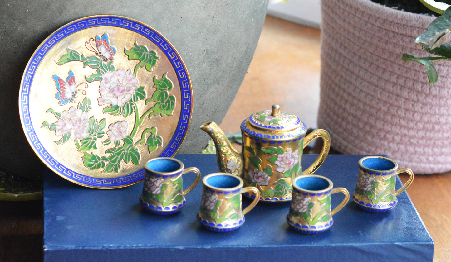 Vintage Cloisonné Miniature Tea Set – Gilt Enamel Peony & Butterfly Design – 6 Piece Set with Original Presentation Box – Asian Art Collectible