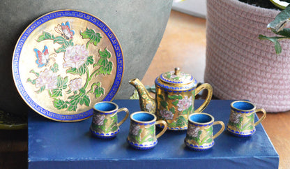 Vintage Cloisonné Miniature Tea Set – Gilt Enamel Peony & Butterfly Design – 6 Piece Set with Original Presentation Box – Asian Art Collectible