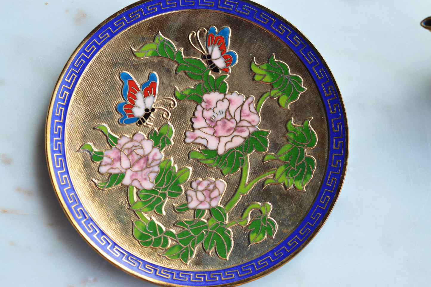 Vintage Cloisonné Miniature Tea Set – Gilt Enamel Peony & Butterfly Design – 6 Piece Set with Original Presentation Box – Asian Art Collectible