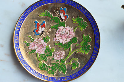 Vintage Cloisonné Miniature Tea Set – Gilt Enamel Peony & Butterfly Design – 6 Piece Set with Original Presentation Box – Asian Art Collectible