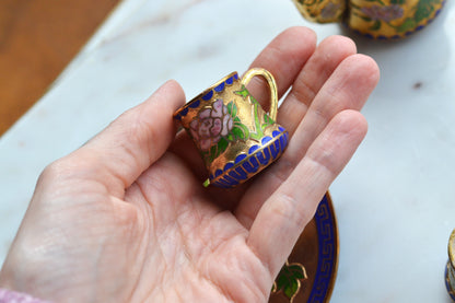 Vintage Cloisonné Miniature Tea Set – Gilt Enamel Peony & Butterfly Design – 6 Piece Set with Original Presentation Box – Asian Art Collectible