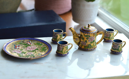 Vintage Cloisonné Miniature Tea Set – Gilt Enamel Peony & Butterfly Design – 6 Piece Set with Original Presentation Box – Asian Art Collectible