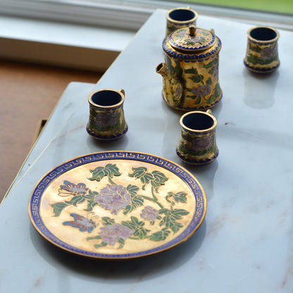 Vintage Cloisonné Miniature Tea Set – Gilt Enamel Peony & Butterfly Design – 6 Piece Set with Original Presentation Box – Asian Art Collectible