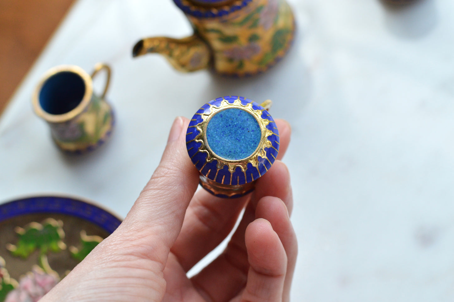 Vintage Cloisonné Miniature Tea Set – Gilt Enamel Peony & Butterfly Design – 6 Piece Set with Original Presentation Box – Asian Art Collectible