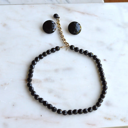 Vintage 1950s French Jet Glass Jewelry Set | 16.5" Faceted Black Bead Necklace & 1" Button Clip-On Earrings | Mid-Century Demi Parure