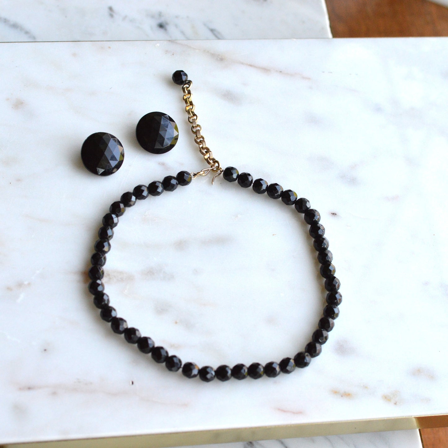 Vintage 1950s French Jet Glass Jewelry Set | 16.5" Faceted Black Bead Necklace & 1" Button Clip-On Earrings | Mid-Century Demi Parure