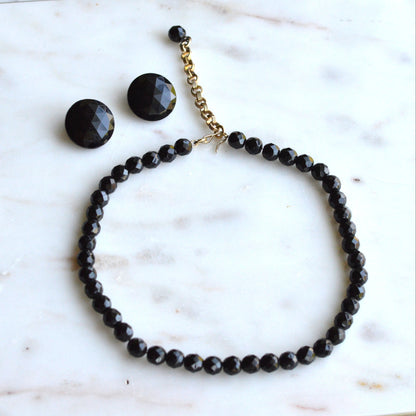 Vintage 1950s French Jet Glass Jewelry Set | 16.5" Faceted Black Bead Necklace & 1" Button Clip-On Earrings | Mid-Century Demi Parure