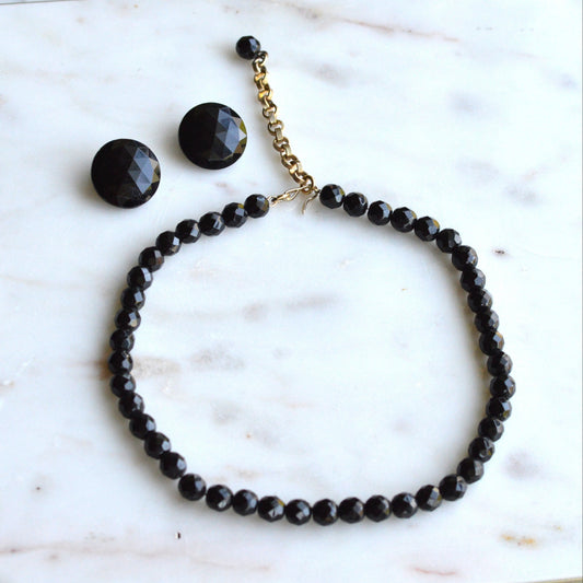 Vintage 1950s French Jet Glass Jewelry Set | 16.5" Faceted Black Bead Necklace & 1" Button Clip-On Earrings | Mid-Century Demi Parure