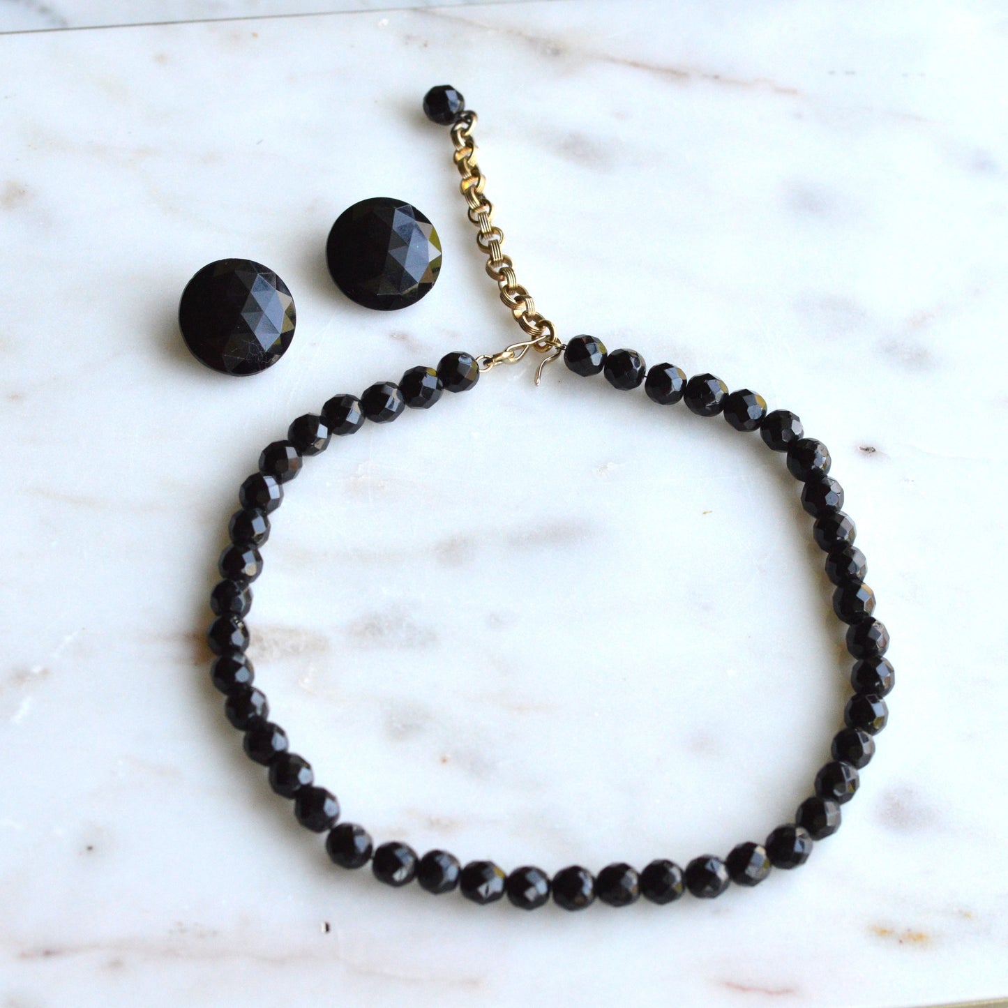Vintage 1950s French Jet Glass Jewelry Set | 16.5" Faceted Black Bead Necklace & 1" Button Clip-On Earrings | Mid-Century Demi Parure