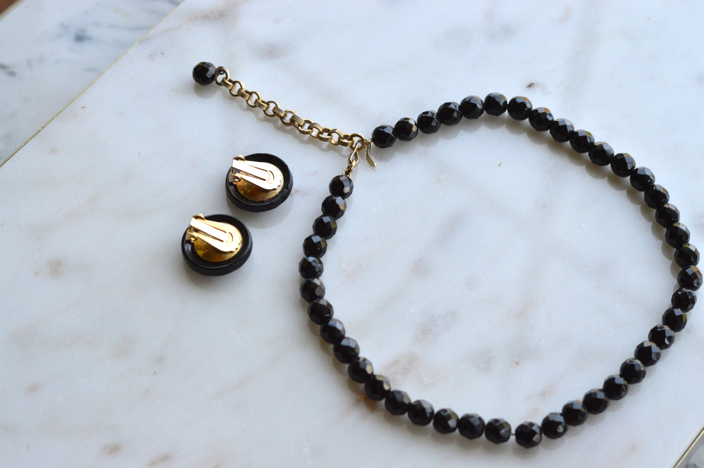 Vintage 1950s French Jet Glass Jewelry Set | 16.5" Faceted Black Bead Necklace & 1" Button Clip-On Earrings | Mid-Century Demi Parure
