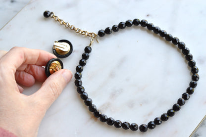 Vintage 1950s French Jet Glass Jewelry Set | 16.5" Faceted Black Bead Necklace & 1" Button Clip-On Earrings | Mid-Century Demi Parure