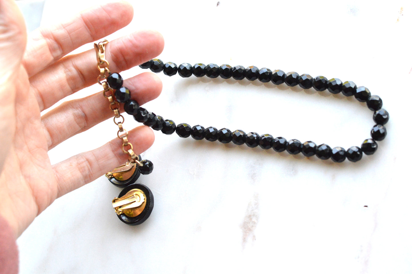 Vintage 1950s French Jet Glass Jewelry Set | 16.5" Faceted Black Bead Necklace & 1" Button Clip-On Earrings | Mid-Century Demi Parure